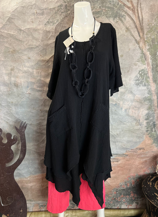 014 French Gauze 2 Pocket Dress-Black