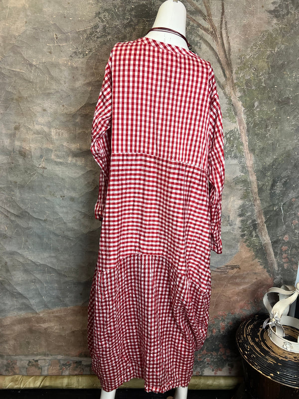 5210 Checked 3 Tier Silk Dress-Red/Check