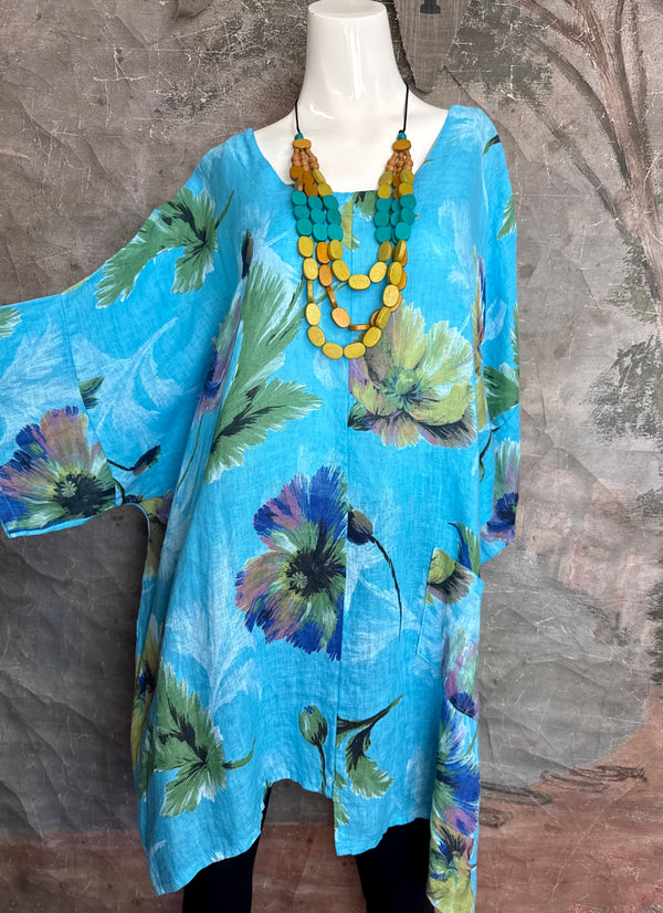 91225 Flower Garden Linen Top-Turq