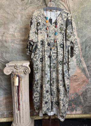 Grey combo floral batik print maxi dress with colorful beaded necklace displayed on hanger, boho boutique style DYM62523 - 1
