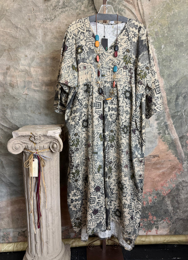 Grey combo floral batik print maxi dress with colorful beaded necklace displayed on hanger, boho boutique style DYM62523 - 1