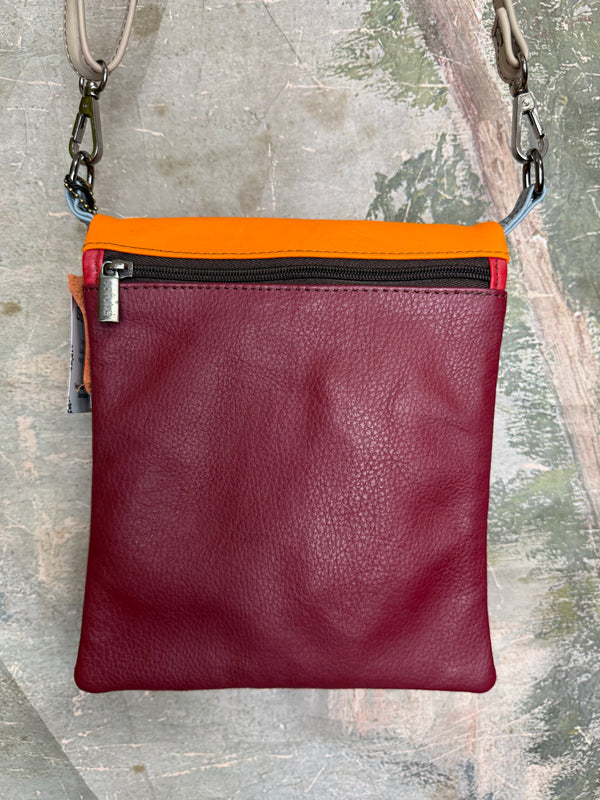 Soruka burgundy leather crossbody bag with orange trim and silver zipper, colorblock mini purse with chain strap - 17