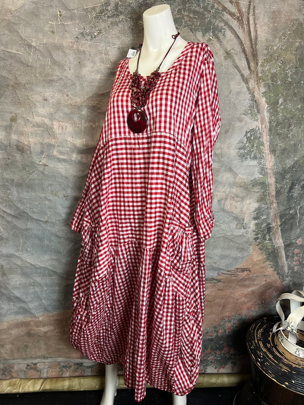 5210 Checked 3 Tier Silk Dress-Red/Check