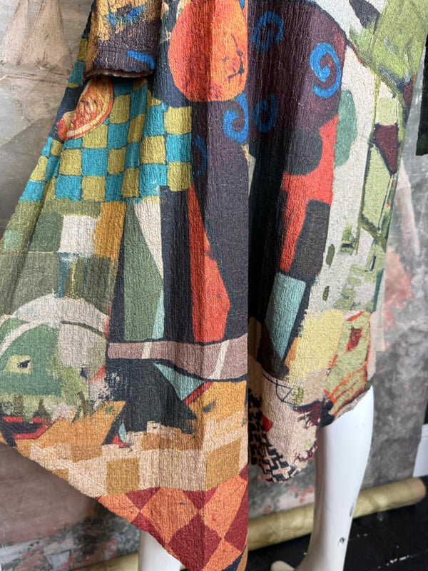 D541 waffle knit cowlneck dress featuring vibrant abstract fruit and geometric mixed print, draped on mannequin - 18