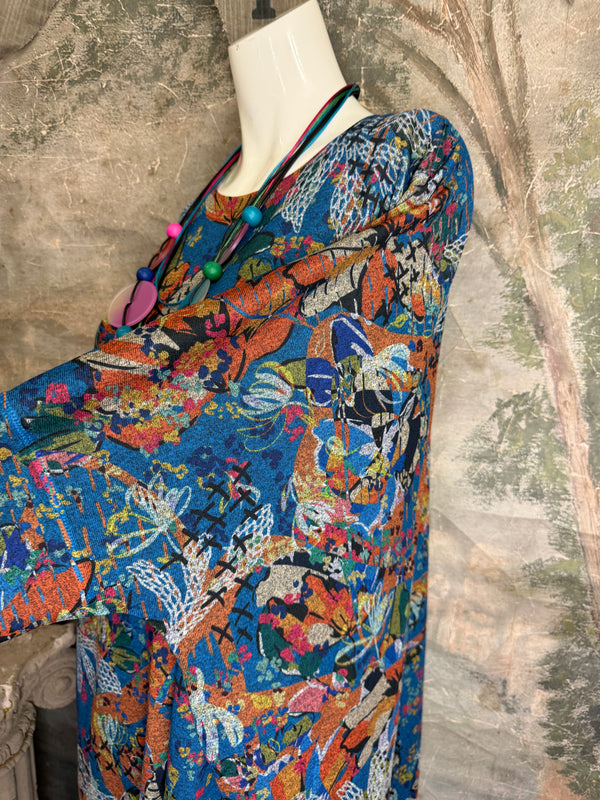 Oversized blue floral print crew pullover with orange and multicolor botanical pattern, long sleeves, relaxed fit - 4