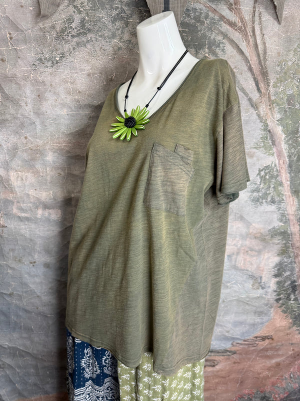 JG- Moon Dance V-Neck Tee-Vintage Moss