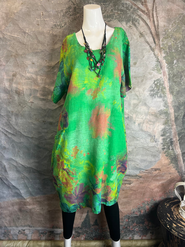 90847 Linen Paint Dress-Green