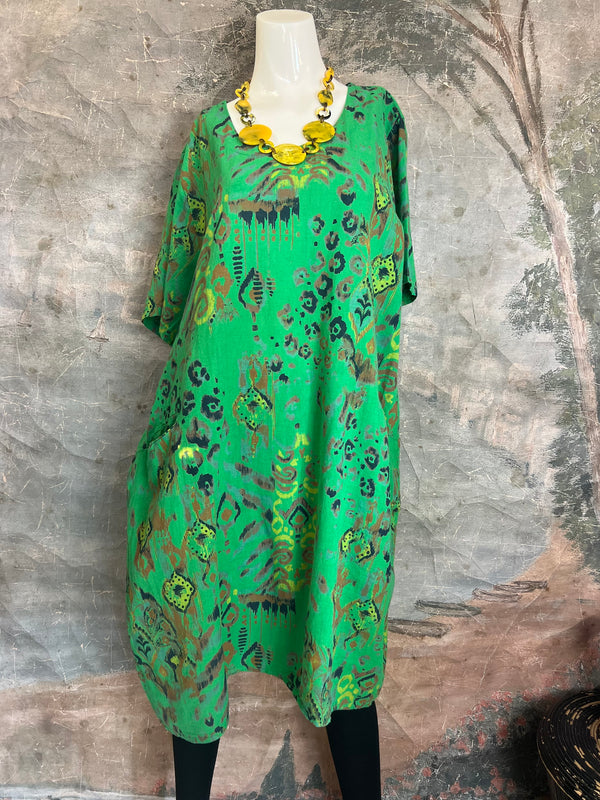 90847 Print Linen Dress-Green