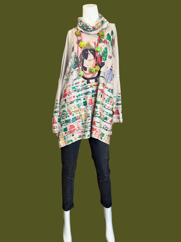 T1097 Cowlneck Dolman Slv Top-Howliday Greetings