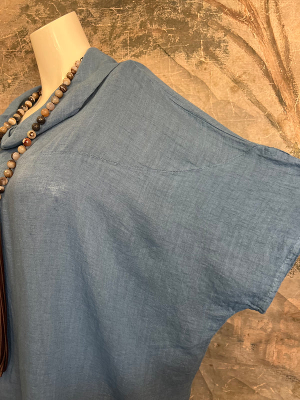 6250 Linen Cowl Neck Boxy Top-Denim