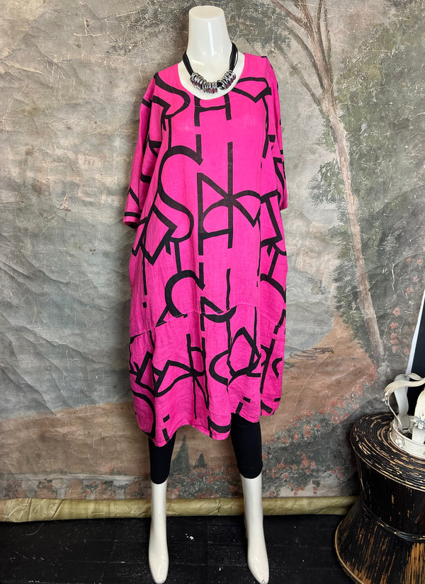 91470 S/Slv Tunic Letter Dress-Fuchsia Pink
