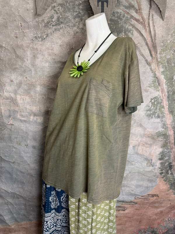JG- Moon Dance V-Neck Tee-Vintage Moss