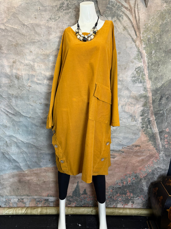 91805 Corduroy Button Dress-Mustard
