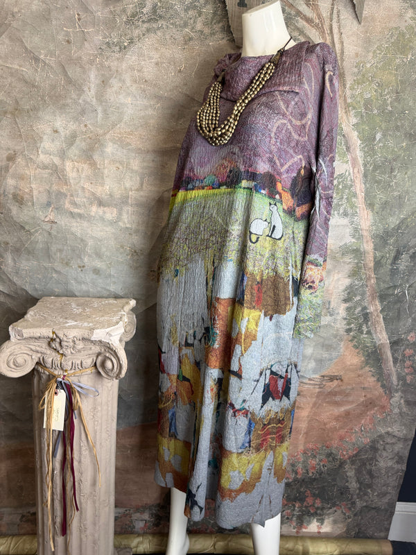 D540 Waffle Knit Cowlneck Dress in colorful abstract cat print with long sleeves and midi length - 14