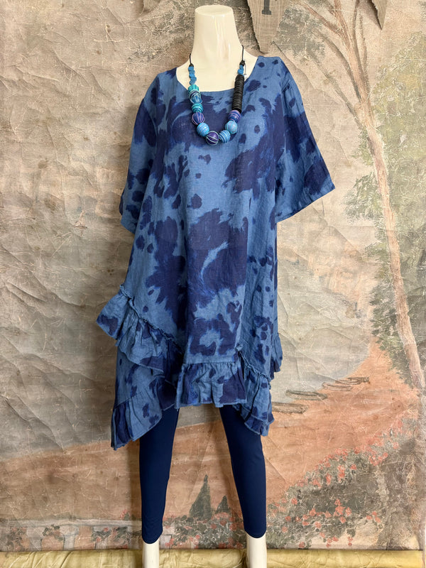 91307T-62 Ruffle Tie-Dye Tunic-Blue