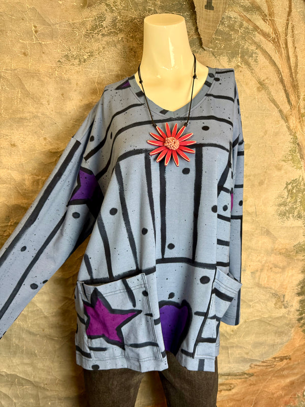 PA1807 Thea L/Slv PopArt Top-DENIM BLUE