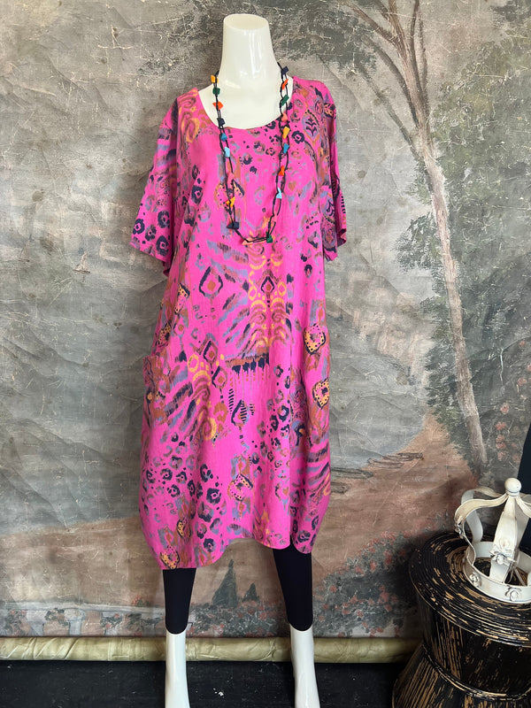 90847 Paint Splotch Print Dress-Fuchsia