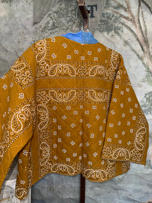 Shannon Passero golden brown quilted bandana print kimono jacket with denim trim and pockets, style 5889 KAI - 2