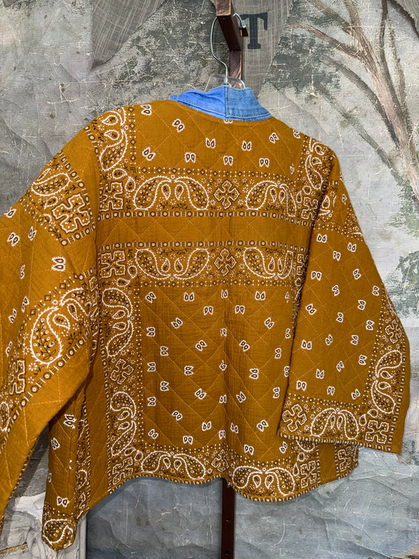 Shannon Passero golden brown quilted bandana print kimono jacket with denim trim and pockets, style 5889 KAI - 2
