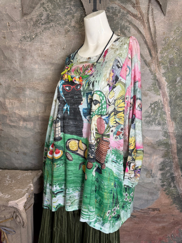 Burnout one size tunic top with whimsical tea party print in green, pink and black with colorful knotted necklace - 12