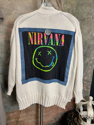Women wearing cream knit Rockstar Cardigan Sweaters with Rolling Stones and Elton John patches, styled with jeans and bo - 14