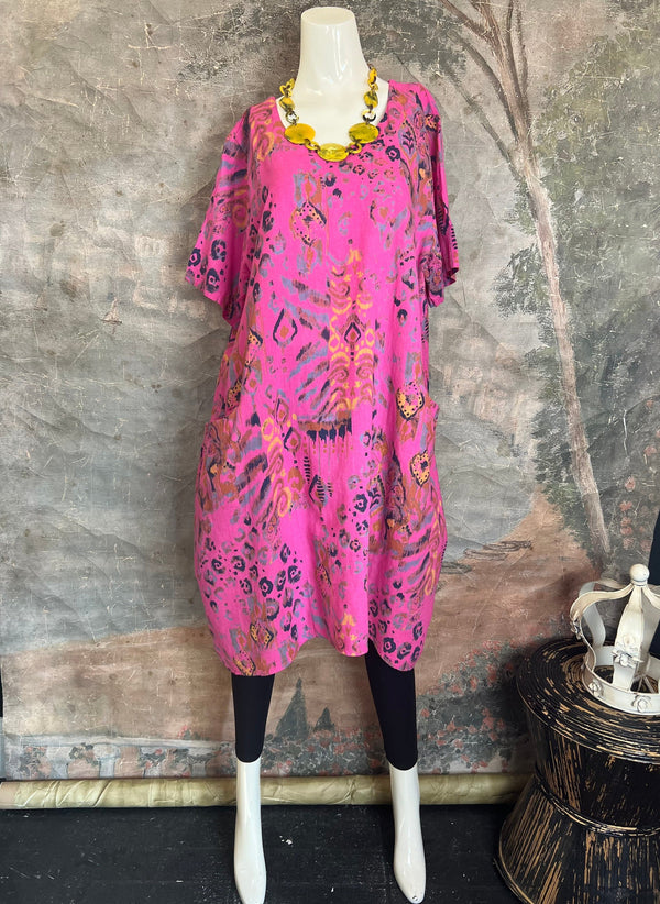 90847 Paint Splotch Print Dress-Fuchsia