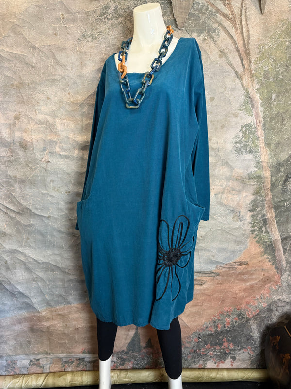 90847 Corduroy Sunflower Dress-Teal