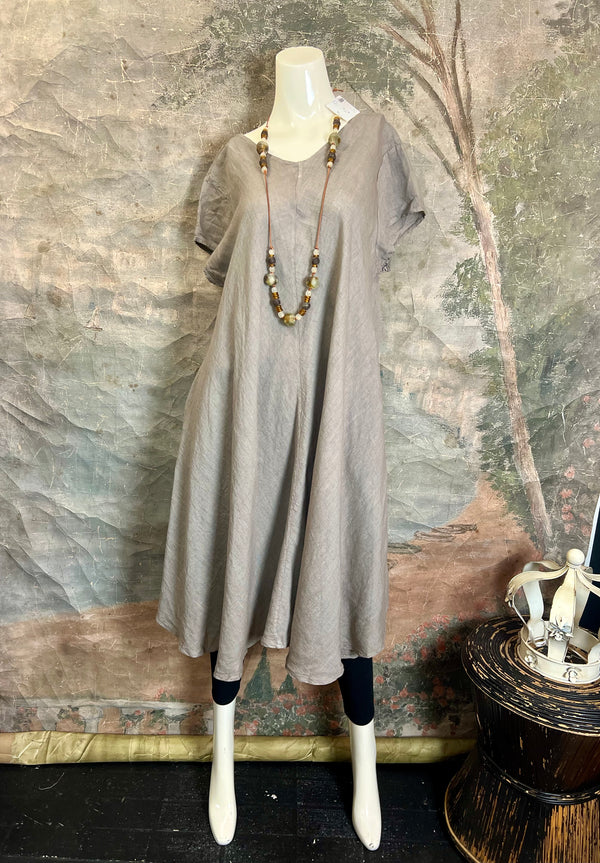 30638 Linen V-neck Flare Dress-Moss Green