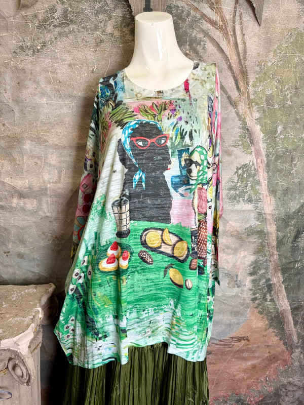 Burnout one size tunic top with whimsical tea party print in green, pink and black with colorful knotted necklace - 4