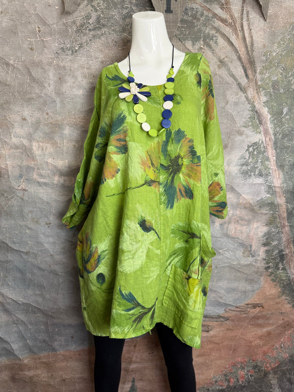 91225 Flower Garden Linen Top-Kiwi