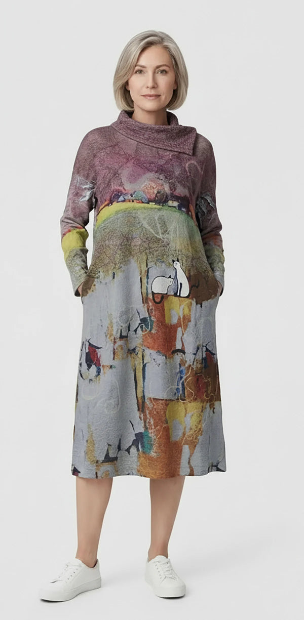 D540 Waffle Knit Cowlneck Dress in colorful abstract cat print with long sleeves and midi length - 1
