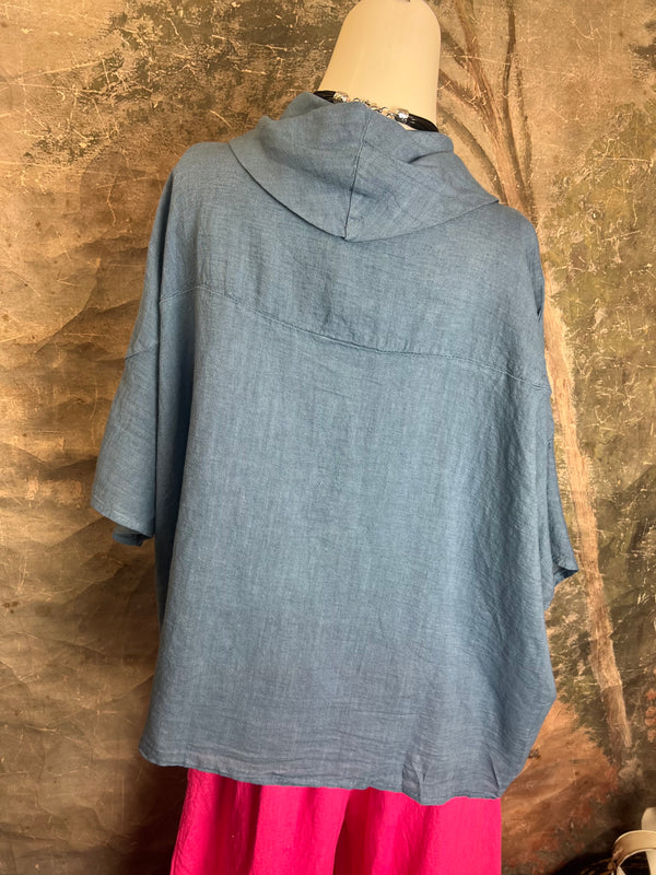 6250 Linen Cowl Neck Boxy Top-Denim