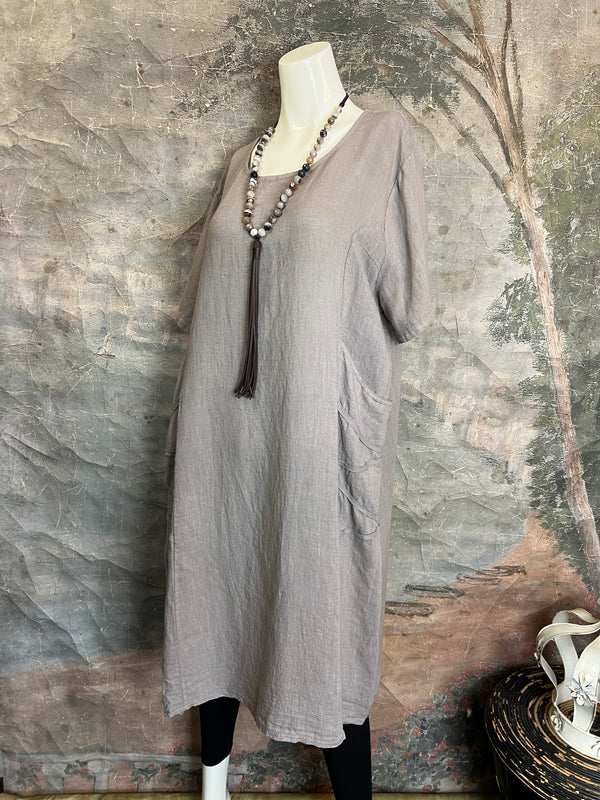 31173GN Linen Tape Accent Dress-Taupe