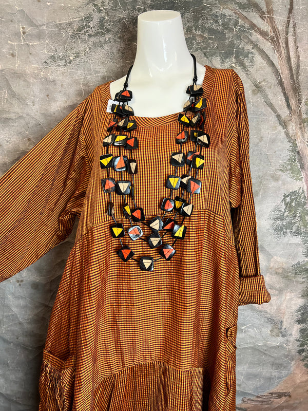 5210 Checked 3 Tier Silk Dress-Pumpkin