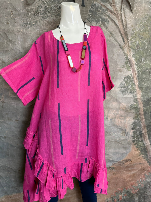 91307S Ruffle Stripe Tunic-Fuchsia