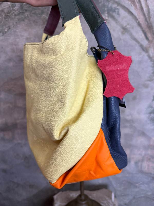 Soruka Agatha navy blue recycled leather crossbody bag with burgundy handle and orange lining, Barcelona handcrafted - 14