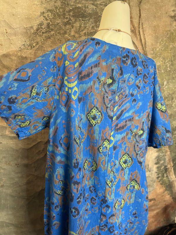 90847 Print Linen Dress-Blue