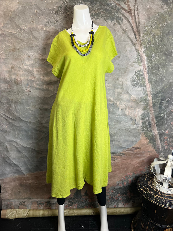 30638 Linen V-neck Flare Dress-Moss Green