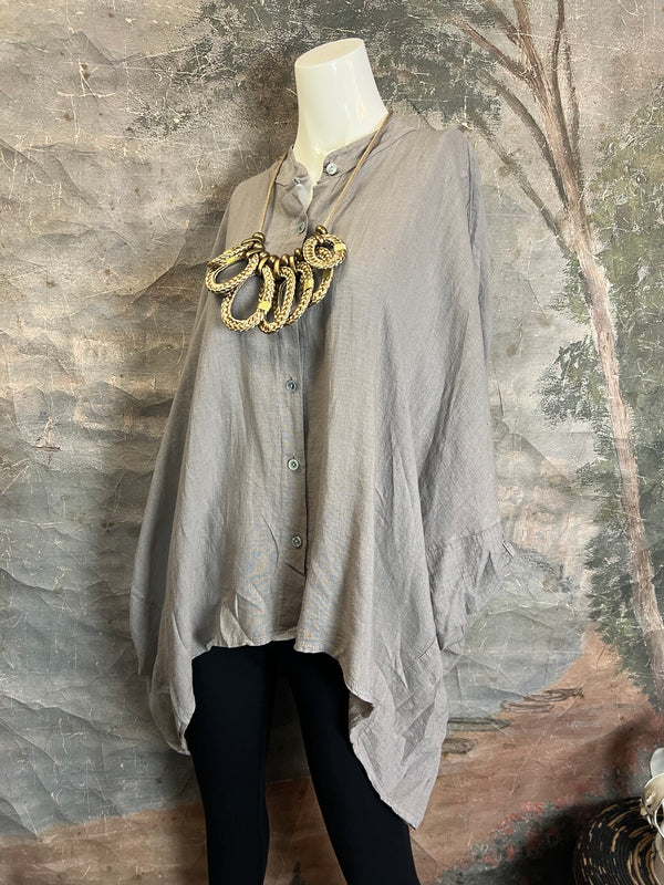 31163 Linen Mandarin Collar Top-Taupe