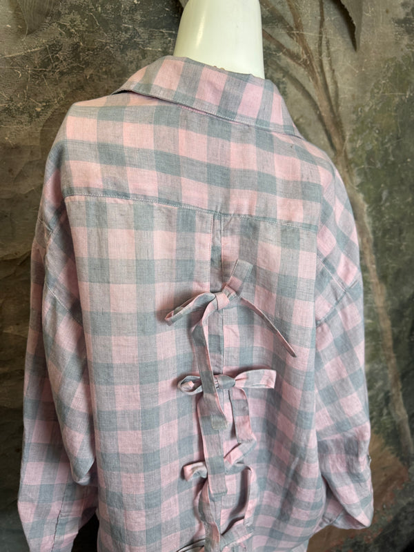 5021 Bettys Linen BF Bow Shirt-PINK/GREY BUFFALO PLAID