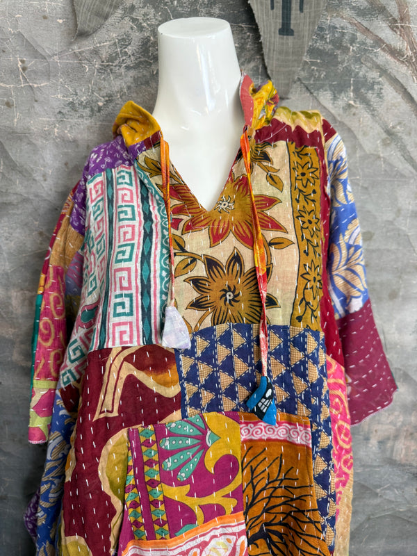 1012w Kantha Poncho Hoodie Dress-3