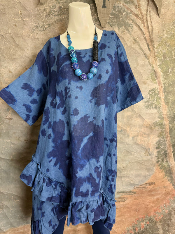 91307T-62 Ruffle Tie-Dye Tunic-Blue