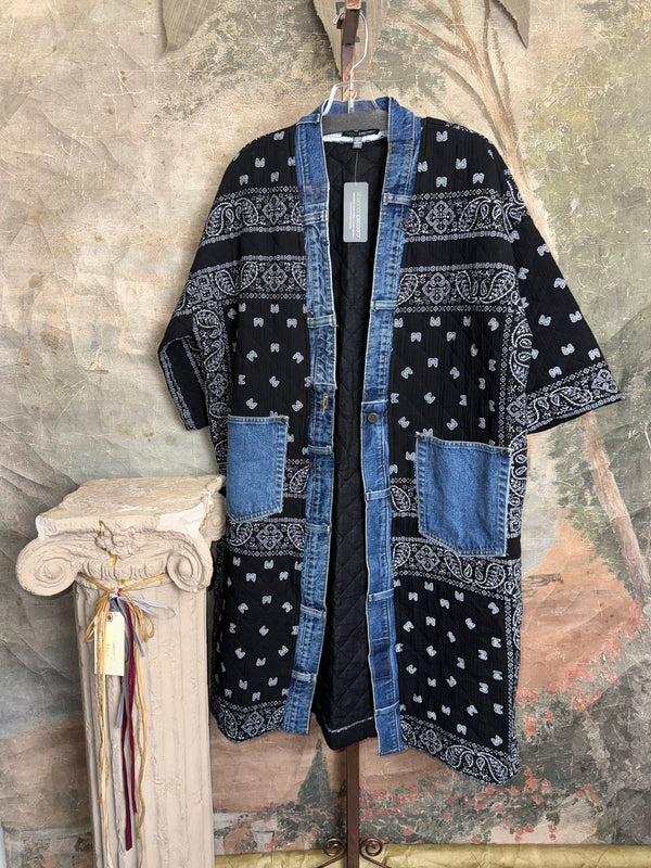 Black bandana paisley quilted cardigan jacket with denim trim pockets and snap buttons, long boho kimono style - 7