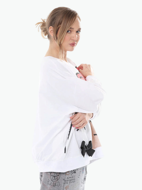 White oversized sweatshirt tee with colorful cartoon teddy bear print and black bow detail, casual kawaii style - 2
