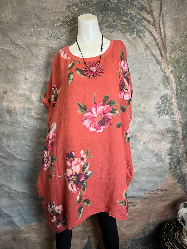 5202 Rosabella Floral Top/Dress-Burnt Red