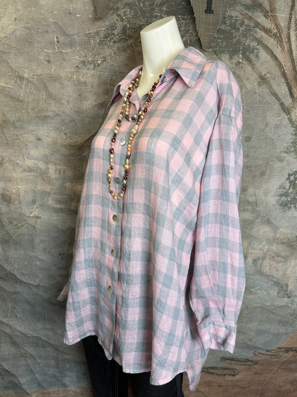 5021 Bettys Linen BF Bow Shirt-PINK/GREY BUFFALO PLAID