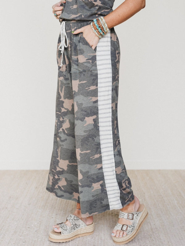 Women's TBN2046 Wanderer Wide Leg Camo Pants with drawstring waist, side pockets, and espadrille sandals - 4