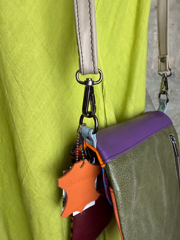Soruka burgundy leather crossbody bag with orange trim and silver zipper, colorblock mini purse with chain strap - 30