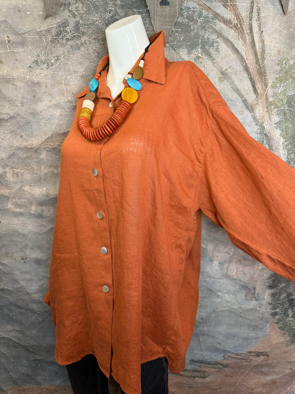 5021 Bettys Linen BF Bow Shirt-BRICK