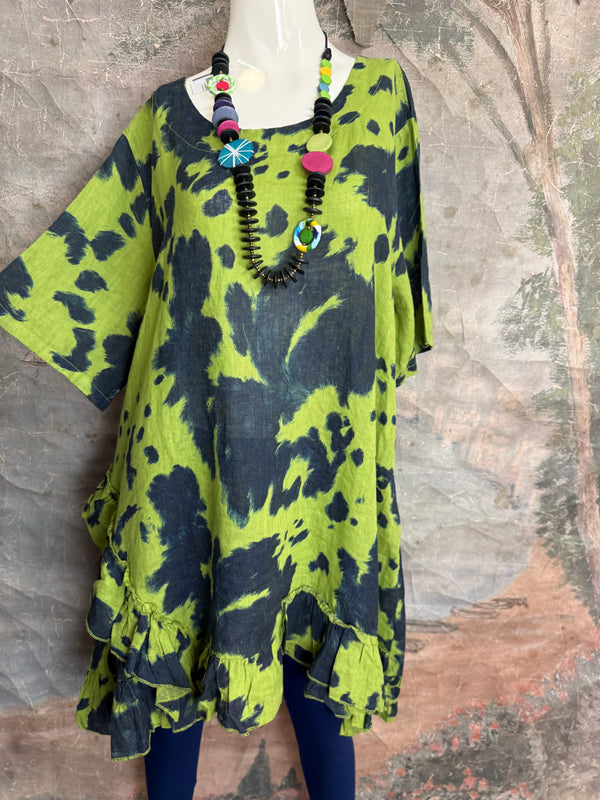 91307T-62 Ruffle Tie-Dye Tunic-Kiwi